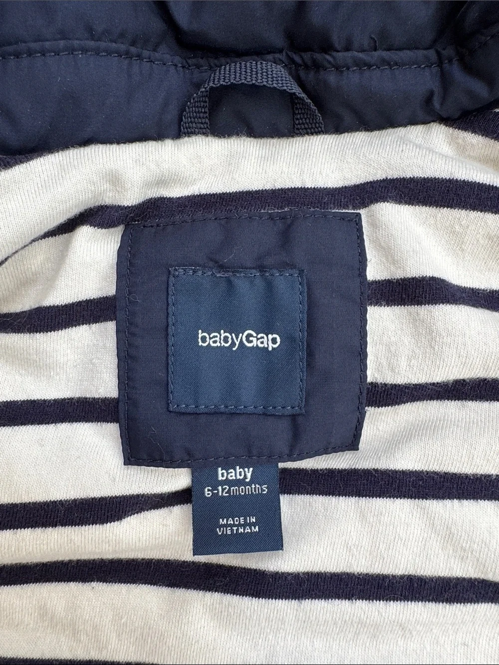Baby GAP Navy Hooded Puffer Jacket with Striped Lining 6-12 months